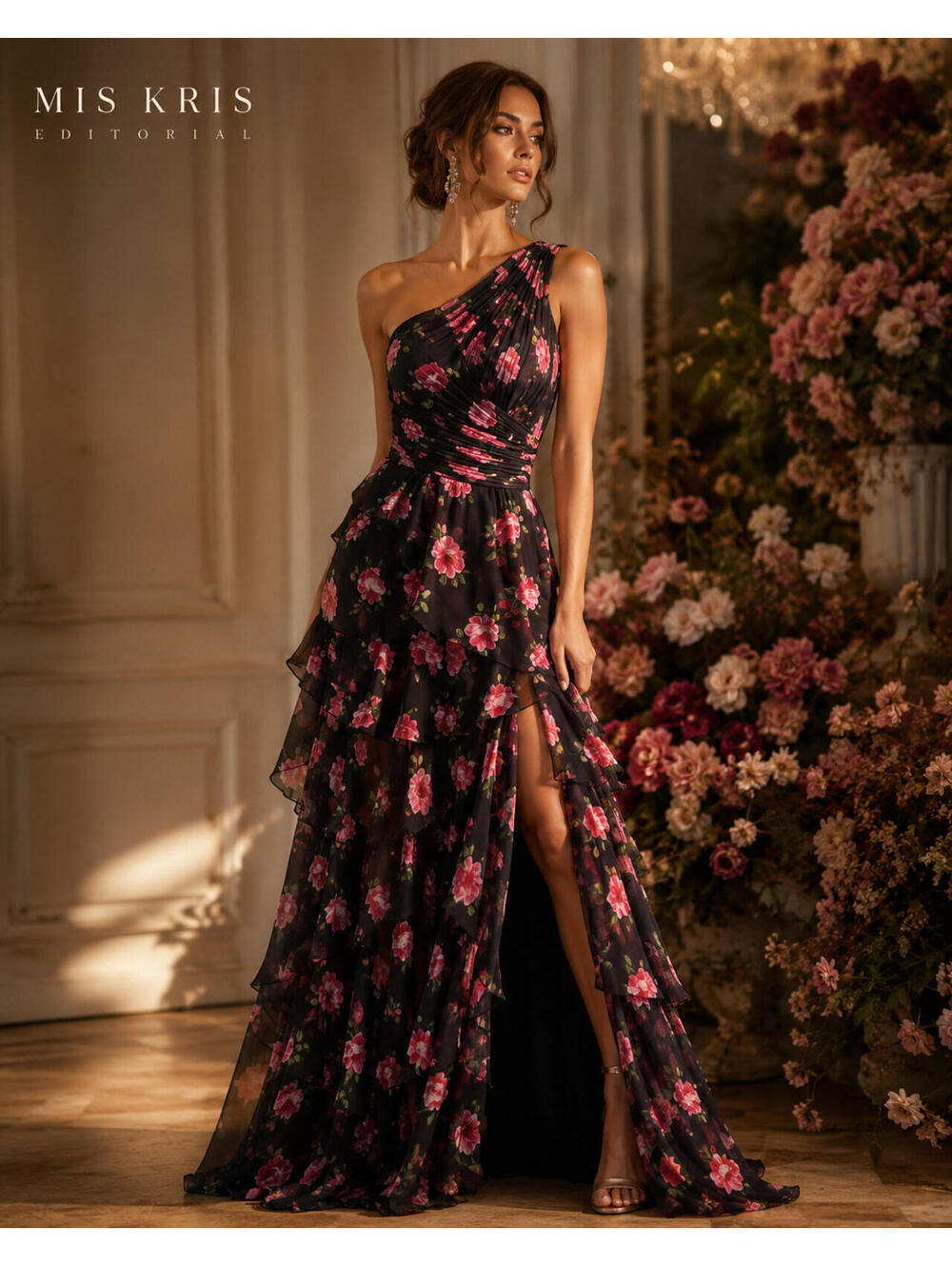Mac Duggal One Shoulder Floral Ruffle Gown Black Pink Rose Chiffon Dress Size 0